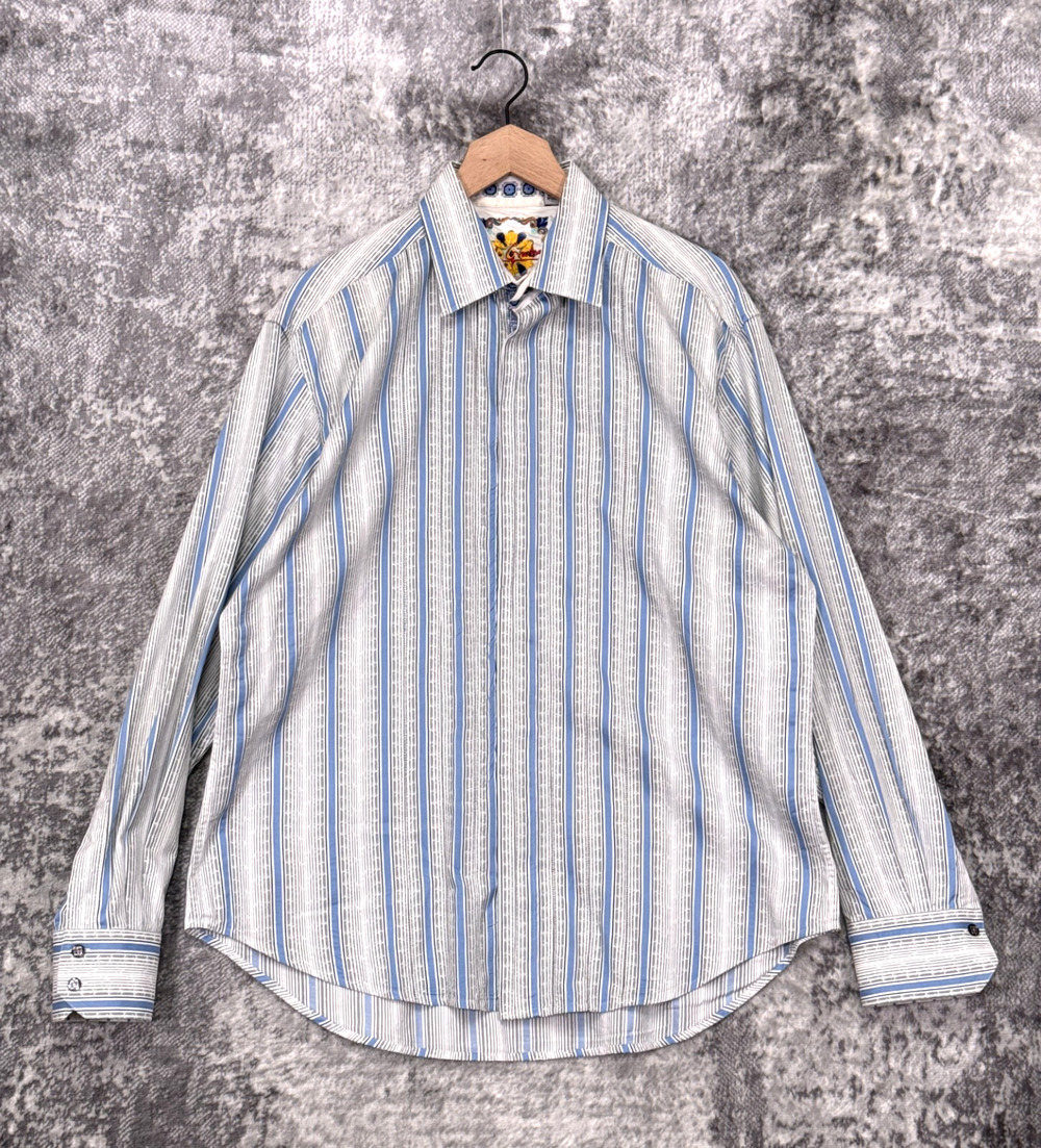 Robert Graham Shirt Mens Blue Embroidered Stripe Long Sleeve Button Up XL
